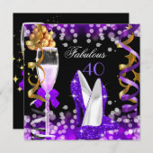 Fabulous 40 Lila Black Gold Bubbles Party Einladung (Vorne/Hinten)