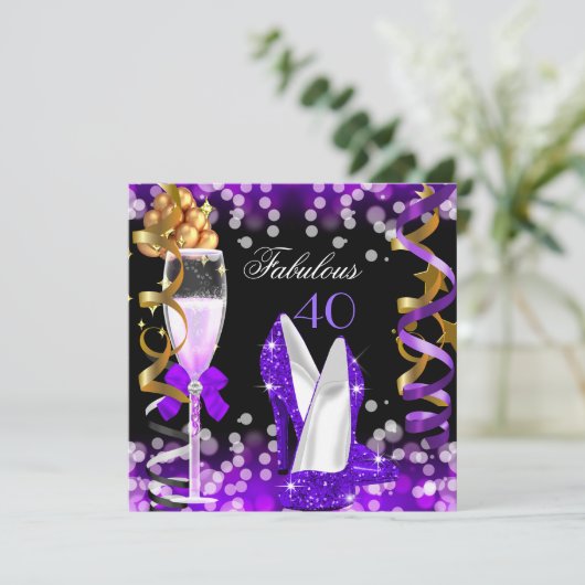 Fabulous 40 Lila Black Gold Bubbles Party Einladung (Stehend Vorderseite)