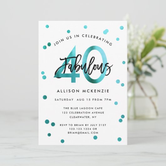 Fabulous 40 | Modernes Drehbuch Mädchen Aquamarin  Einladung (Stehend Vorderseite)