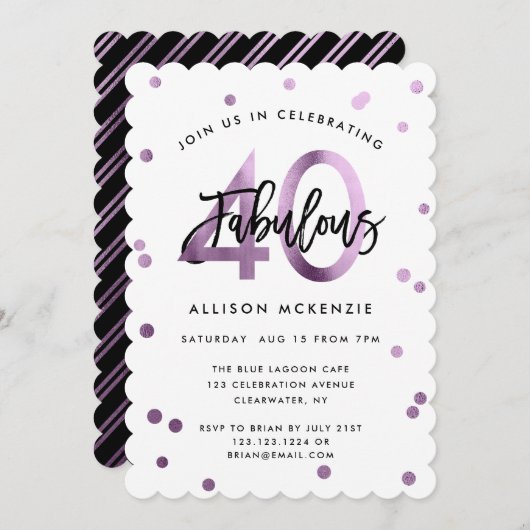 Fabulous 40 | Modernes Lilac Lila Brushed Birthday Einladung (Vorne/Hinten)