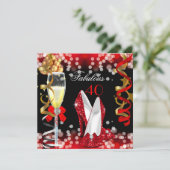 Fabulous 40 Red Black Gold Bubbles Party Einladung (Stehend Vorderseite)