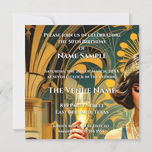 Fabulous 50. 1920er Art Deko Woman Blue Einladung (Rückseite)