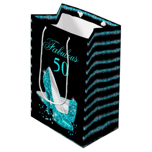 Fabulous 50 Aquamarin Blue Glitzer High Heels Mittlere Geschenktüte (Vorderseite Schrägansicht)