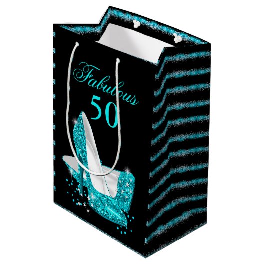 Fabulous 50 Aquamarin Blue Glitzer High Heels Mittlere Geschenktüte (Rückseite Schrägansicht)