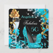 Fabulous 50 Aquamarin Blue Heelses Gold Bubbles Pa Einladung (Vorderseite)