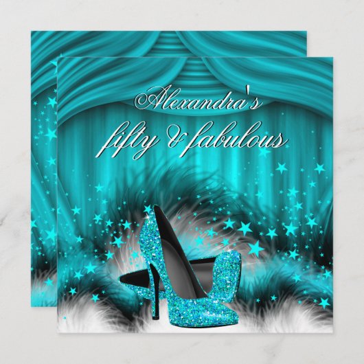 Fabulous 50 Aquamarin Blue High Heels Feathers Bir Einladung (Vorne/Hinten)