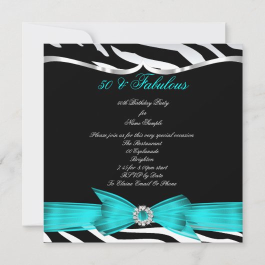 Fabulous 50 Aquamarin Blue Zebra Black Elegant Geb Einladung (Rückseite)