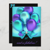 Fabulous 50 Aquamarin Lila Black Balloons Party Einladung (Vorne/Hinten)