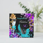 Fabulous 50 Aquamarine Lila Heels Gold Blasen Part Einladung (Stehend Vorderseite)