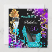 Fabulous 50 Aquamarine Lila Heels Gold Blasen Part Einladung (Vorderseite)