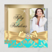 Fabulous 50. Aquamarines Gold Leaf & Bow 50. Gebur Einladung (Vorne/Hinten)