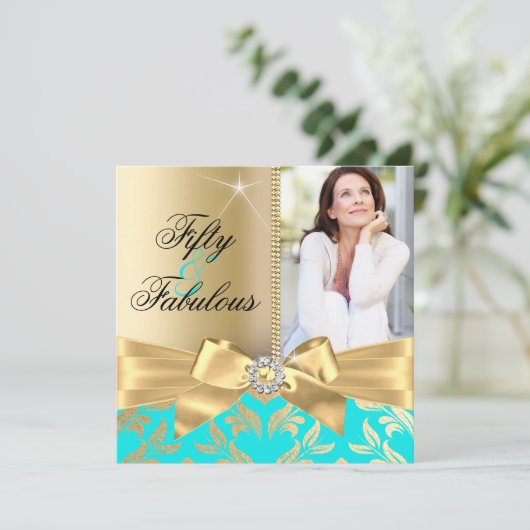 Fabulous 50. Aquamarines Gold Leaf & Bow 50. Gebur Einladung (Stehend Vorderseite)