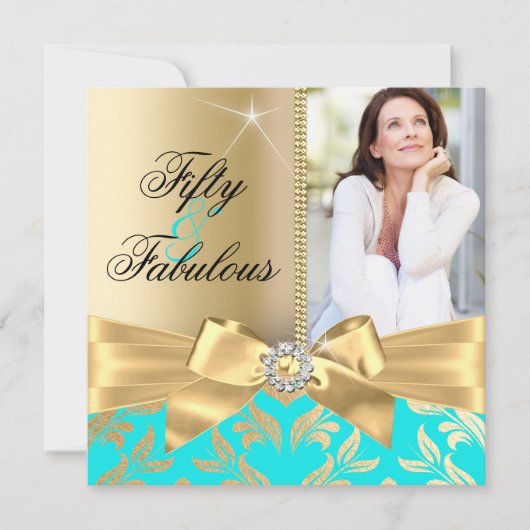 Fabulous 50. Aquamarines Gold Leaf & Bow 50. Gebur Einladung (Vorderseite)