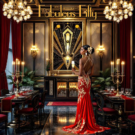 Fabulous 50. Art Deko Woman Afroamerikanerin Rot Einladung