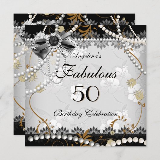 Fabulous 50 Beige Gold Black Gray Floral Geburtsta Einladung (Vorne/Hinten)
