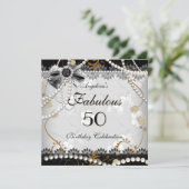 Fabulous 50 Beige Gold Black Gray Floral Geburtsta Einladung (Stehend Vorderseite)