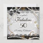 Fabulous 50 Beige Gold Black Gray Floral Geburtsta Einladung (Vorderseite)