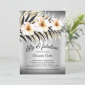 Fabulous 50 Beige Silver Gold Hibiskus Party Einladung (Stehend Vorderseite)