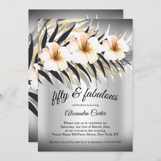 Fabulous 50 Beige Silver Gold Hibiskus Party Einladung (Vorne/Hinten)