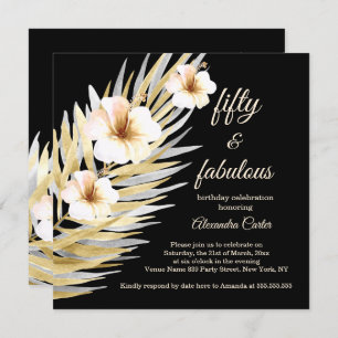 Fabulous 50. Beige White Black Floral Geburtstag Einladung
