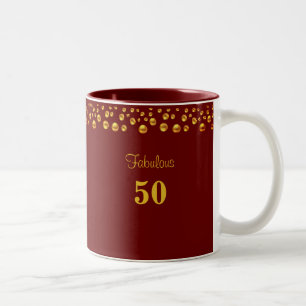 Fabulous 50 Birthday & Golden Confetti on Maroon Zweifarbige Tasse