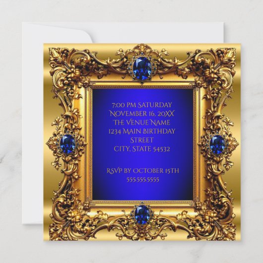 Fabulous 50 Birthday Royal Blue Gold Gem Einladung (Rückseite)