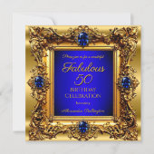 Fabulous 50 Birthday Royal Blue Gold Gem Einladung (Vorderseite)