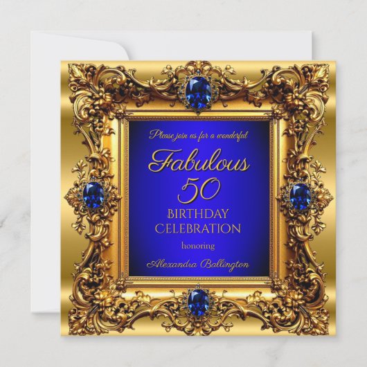 Fabulous 50 Birthday Royal Blue Gold Gem Einladung (Vorderseite)