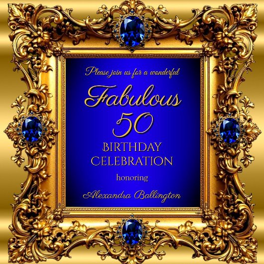 Fabulous 50 Birthday Royal Blue Gold Gem Einladung