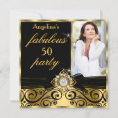 Fabulous 50 Black Gold Imitate Diamond Foto Party Einladung (Vorderseite)