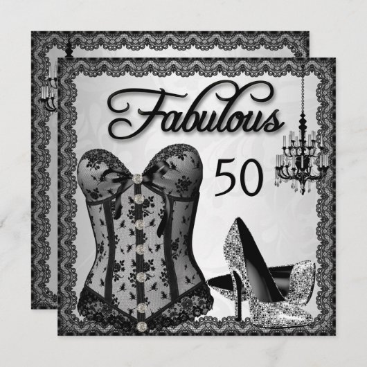 Fabulous 50 Black Silver Corset High Heels Party Einladung (Vorne/Hinten)