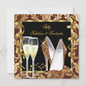 Fabulous 50 & Fantastic Brown Gold Damask Party Einladung (Vorderseite)