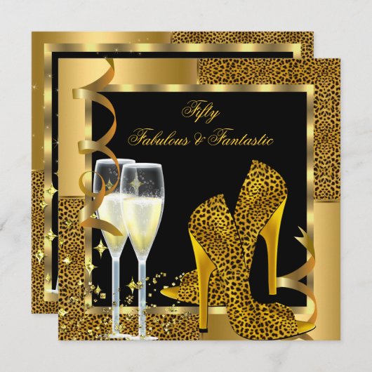 Fabulous 50 & Fantastic Leopard Black Gold Party Einladung (Vorne/Hinten)