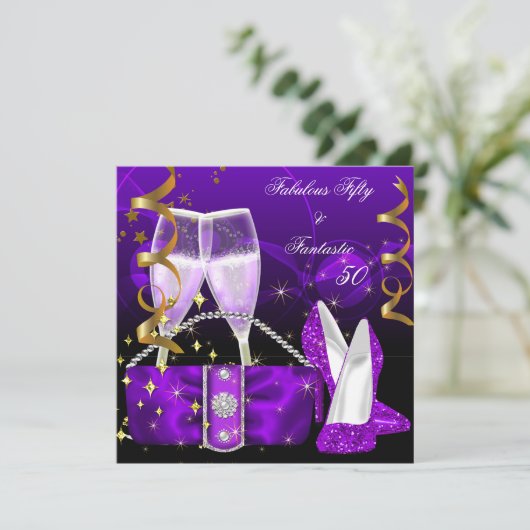 Fabulous 50 Fantastic Lila High Heels Glitzer Einladung (Stehend Vorderseite)