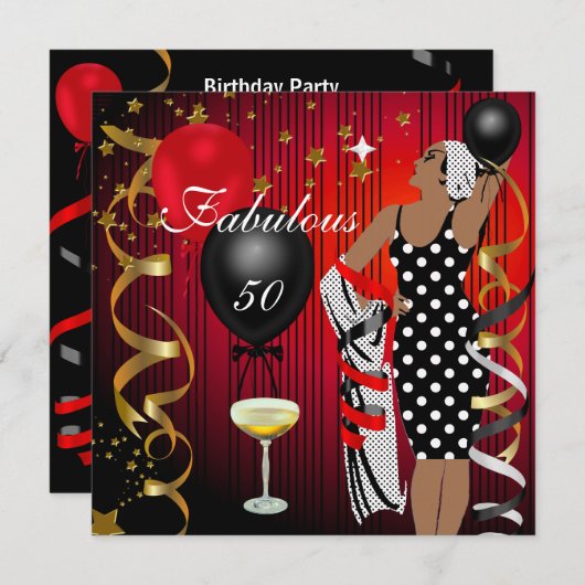 Fabulous 50 Fifty Diva Birthday Black Red Balloon Einladung (Vorne/Hinten)