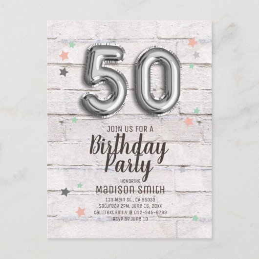 Fabulous 50 Foil Balloon Stars Einladung Geburtsta (Vorderseite)