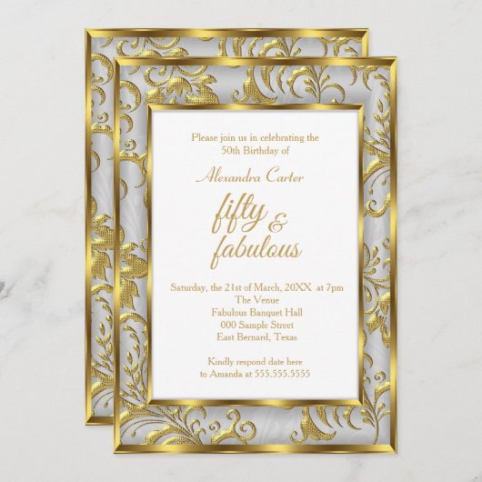Fabulous 50 Foto Damask Gold Grau Silber Geburtsta Einladung (Vorne/Hinten)
