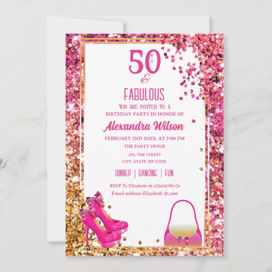 Fabulous 50. Geburtstag High Heels Pink Glittery Einladung (Vorderseite)