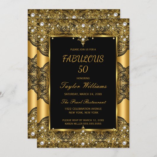 Fabulous 50 Glamour Black Lace Pearl Gold Einladung (Vorne/Hinten)