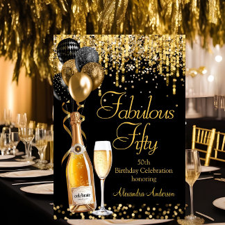 Fabulous 50. Glitzer Gold Black Champagne Einladung