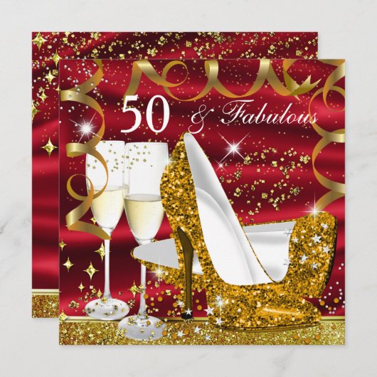 Fabulous 50 Glitzer Gold Heel Red Glitz Glam Party Einladung (Vorne/Hinten)