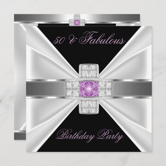 Fabulous 50 Lilac Pink Silver Schwarz-weiß Diamond Einladung (Vorne/Hinten)