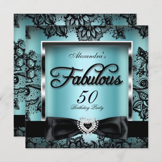 Fabulous 50 Party Aquamarin Blue Damask Black Lace Einladung (Vorne/Hinten)