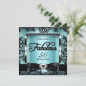 Fabulous 50 Party Aquamarin Blue Damask Black Lace Einladung (Stehend Vorderseite)