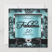 Fabulous 50 Party Aquamarin Blue Damask Black Lace Einladung (Vorderseite)