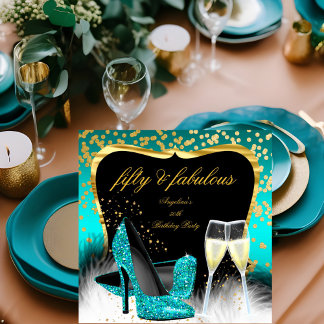 Fabulous 50 Party Aquamarin Gold Champagner Glitze Einladung