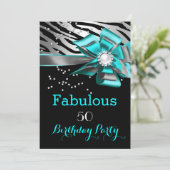 Fabulous 50 Party Aquamarin Zebra Black Silver Pea Einladung (Stehend Vorderseite)