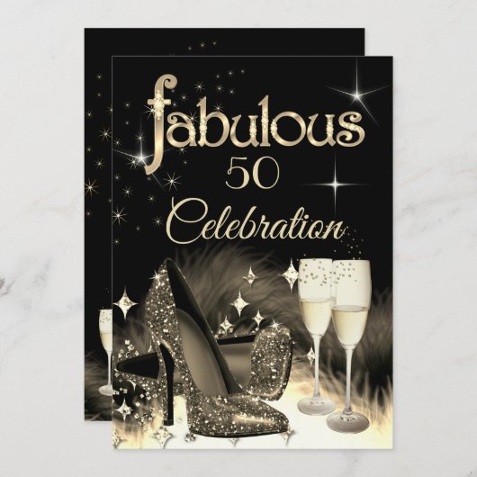 Fabulous 50. Party Glitzer Sepia Beige Champagne Einladung (Vorne/Hinten)