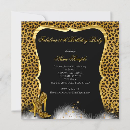 Fabulous 50 Party Gold Champagner Leopard Einladung (Rückseite)