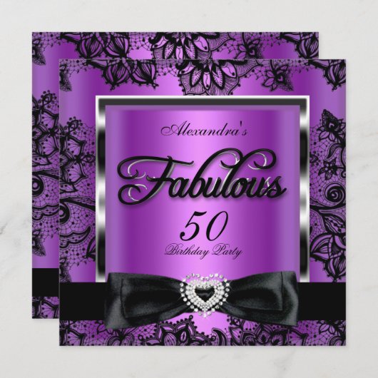 Fabulous 50 Party Lila Damask Black Lace Einladung (Vorne/Hinten)